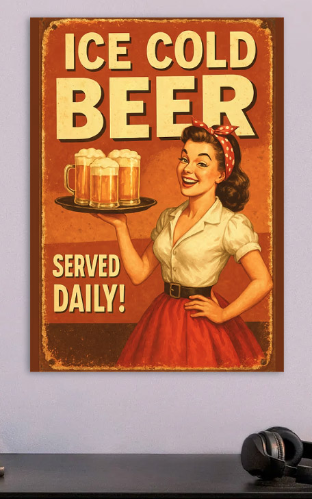 Ice Cold Beer Vintage Poster — metal poster wall art by Lineer